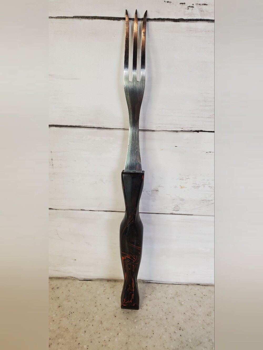 Vintage Cutco 1726 3 Tine Serving Fork Brown Marbled Handle USA Carving Meat
